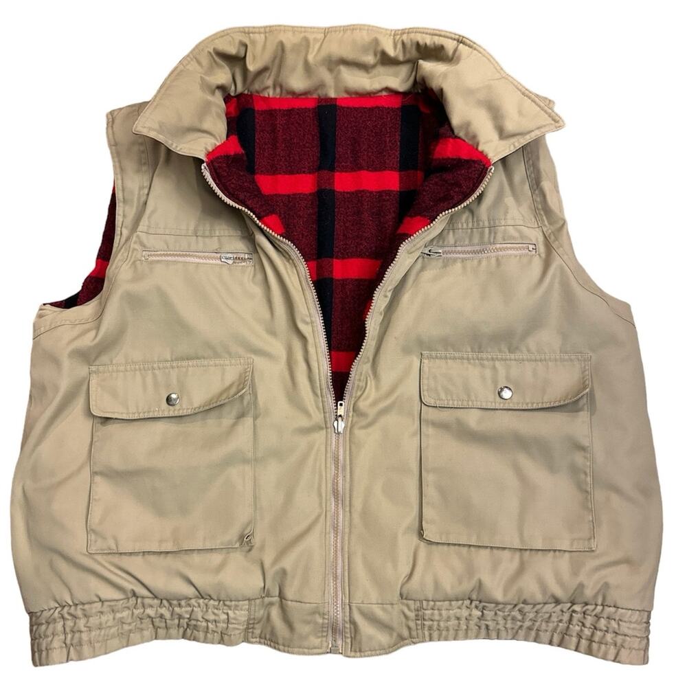Vintage Timber Trail Vest, buffalo Plaid Reversible tan red black size XL